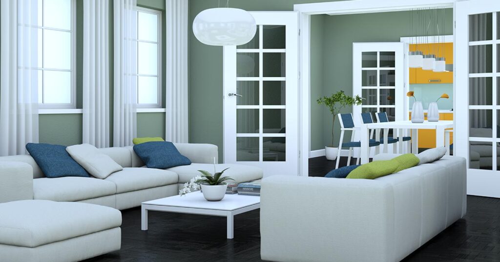 Wohnzimmer mit zwei Sofas, Esszimmer und Küche im Hintergrund - Rendering