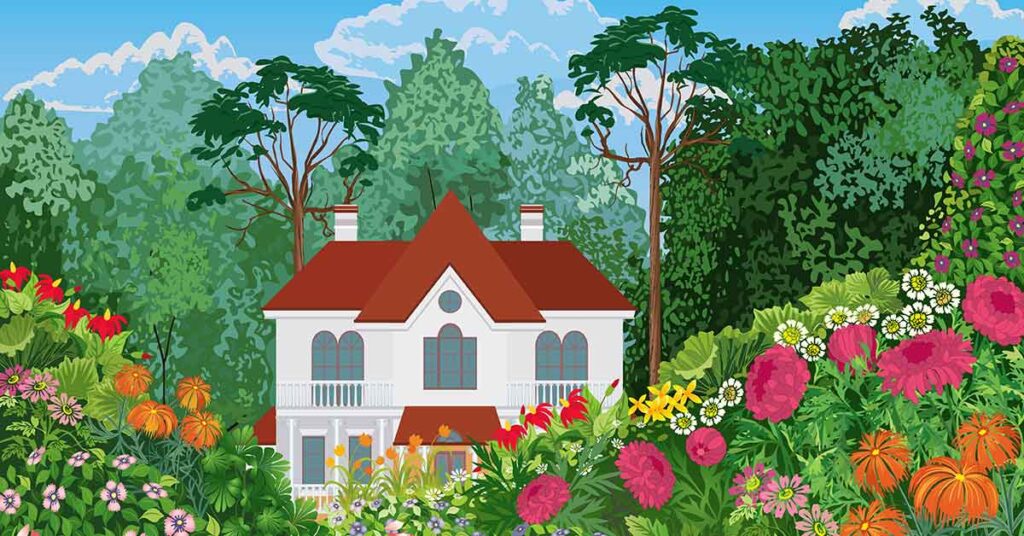 Illustration mit einem Haus mit vielen Blumen und Bäumen vor einem blauen Himmel | Nebenkosten beim Immobilienkauf