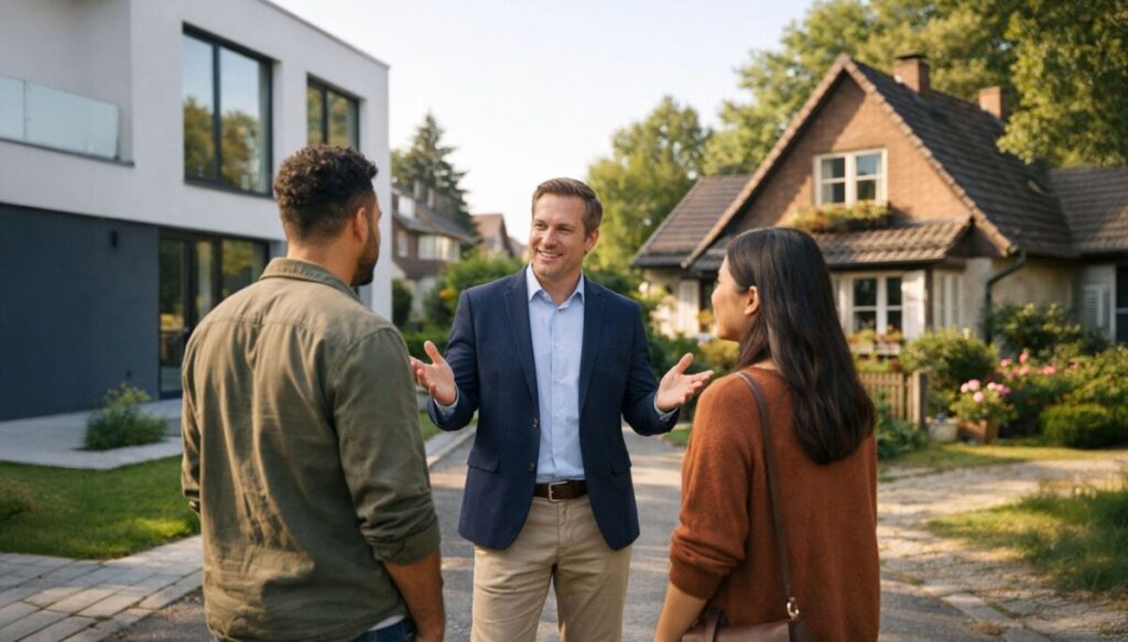 Junges diverses Paar steht mit einem Immobilienmakler zwischen zwei Häusern und entscheidet sich. Links ein modernes Neubauhaus mit großen Fenstern, rechts ein charmantes älteres Einfamilienhaus mit Garten. Neubau oder Bestand