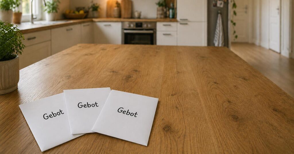 Drei Umschläge mit der Aufschrift ‚Gebot‘ auf einem Holztisch in moderner Küche, symbolisieren das Bieterverfahren beim Immobilienkauf. | Bieterverfahren