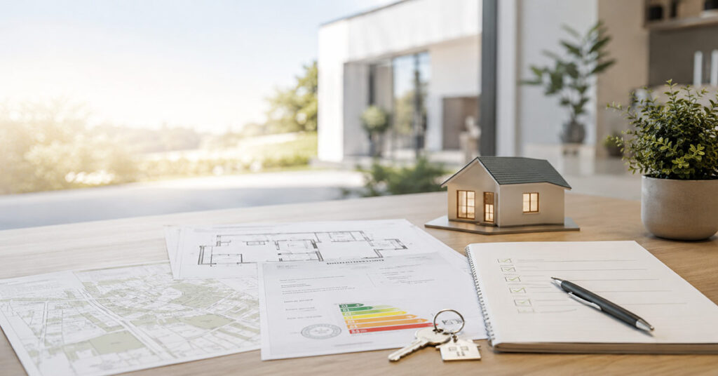 Dokumente, Grundrisse, Energieausweis, Schlüssel und Hausmodell auf einem Tisch als Symbol für wichtige Unterlagen beim Immobilienverkauf. - Verkaufsunterlagen