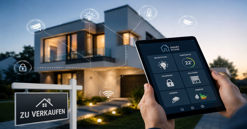 Eine Person steuert Smart-Home-Funktionen per Tablet vor einem modernen Haus mit Verkaufsschild und vernetzten Symbolen für Sicherheit, Energie und Beleuchtung. I Smart Home
