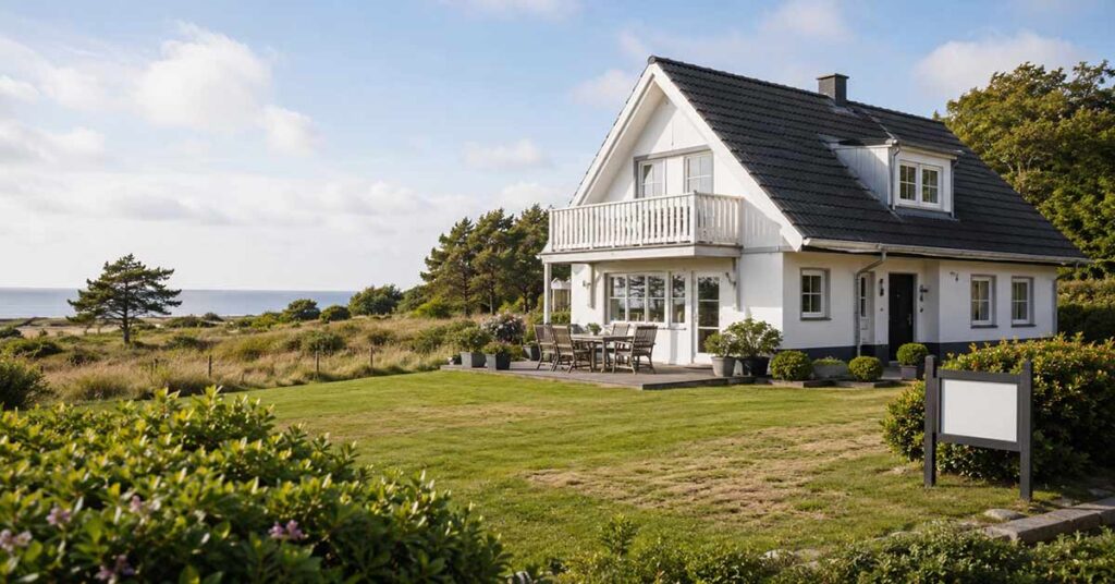 Ein weißes Ferienhaus mit Terrasse und großem Garten liegt in Küstennähe und steht sinnbildlich für den Verkauf einer nicht mehr passenden Ferienimmobilie. I Ferienimmobilie verkaufen