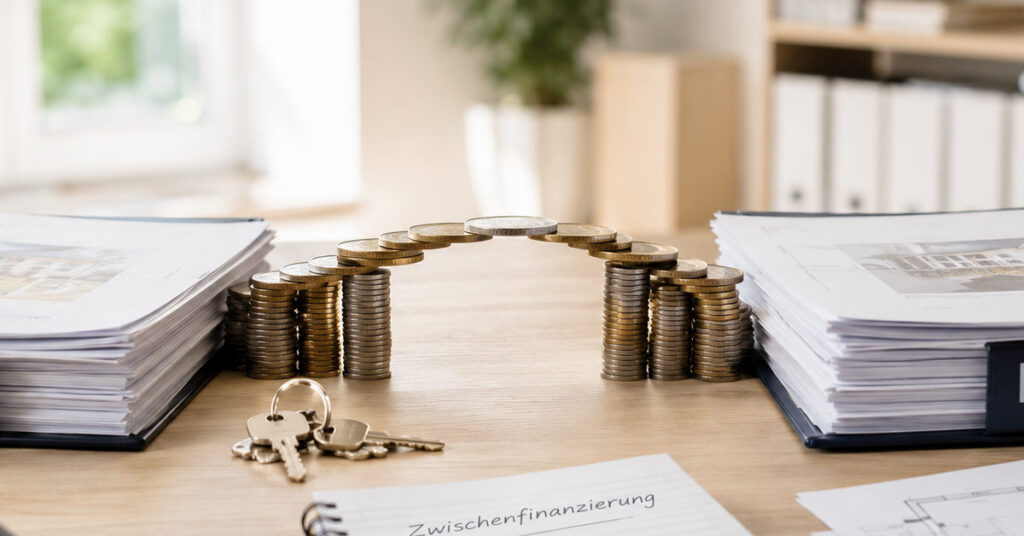 Münzstapel in Form eines Hauses zwischen Immobilienunterlagen und Schlüsseln symbolisieren eine Zwischenfinanzierung beim Immobilienkauf. I Zwischenfinanzierung