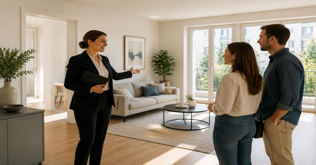 Besichtigungsmanagement bei einer Immobilie: Eine Immobilienmaklerin führt ein Paar durch eine moderne Wohnung und berät die Interessenten während der Besichtigung. I Besichtigungsmanagement