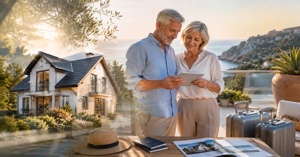 Älteres Ehepaar plant den Lebensabend im Ausland und informiert sich mit Immobilienunterlagen über ein neues Zuhause in sonniger Lage am Meer. I Lebensabend im Ausland