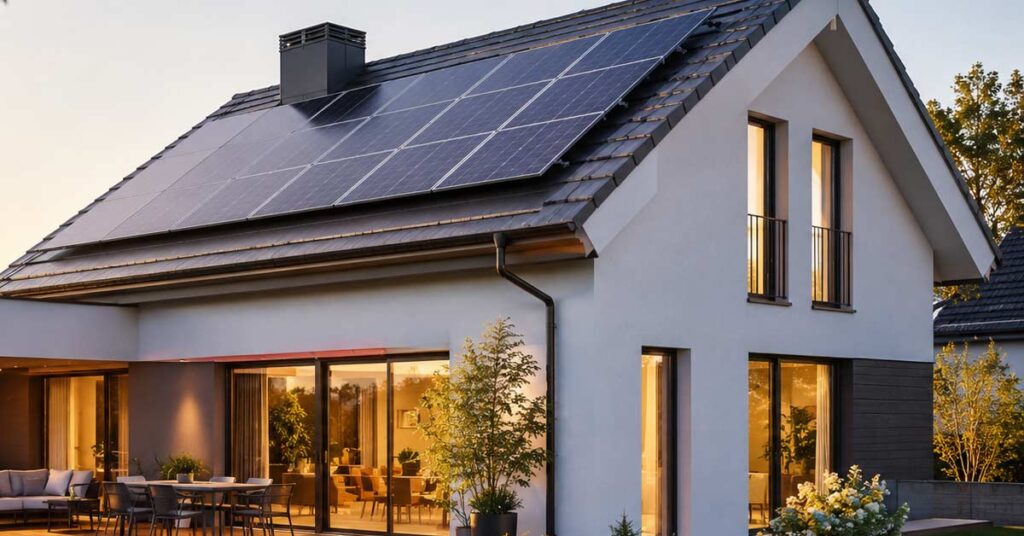 Modernes Einfamilienhaus mit Solaranlage auf dem Dach, als Beispiel für den Umgang mit Photovoltaik beim Hausverkauf. I Solaranlage