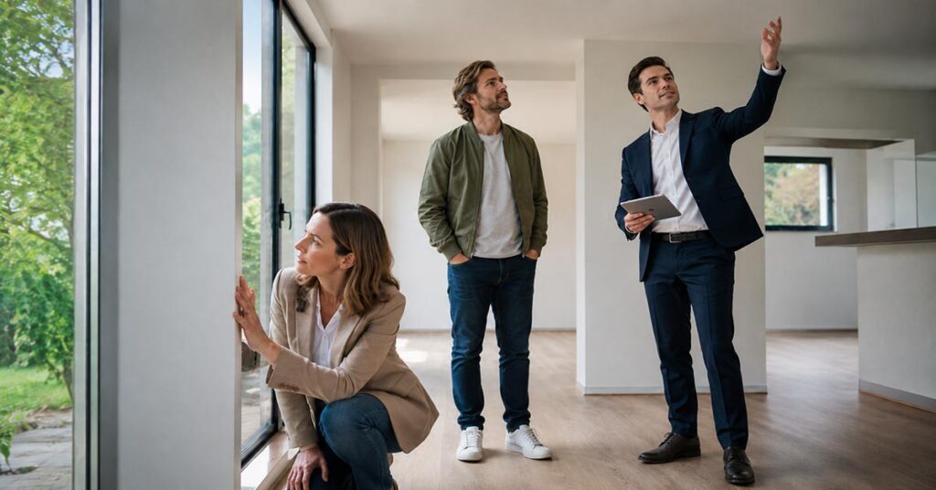Ein Paar besichtigt gemeinsam mit einem Immobilienmakler ein helles, modernes Haus. Während die Frau die Fenster prüft, betrachtet der Mann den Raum und der Makler erläutert Details zur Immobilie.